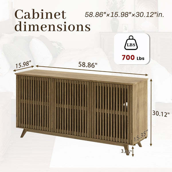 English Elm 58.86" Solid Pine Mid-century Tv Stand with Slatted Push-open Doors and Adjustable Shelf W5819P499978