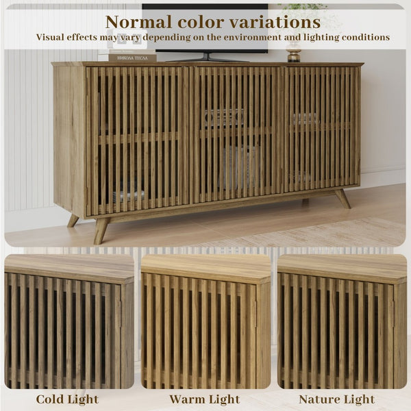 English Elm 58.86" Solid Pine Mid-century Tv Stand with Slatted Push-open Doors and Adjustable Shelf W5819P499978