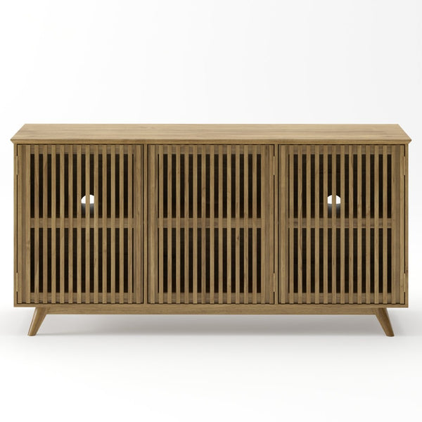 English Elm 58.86" Solid Pine Mid-century Tv Stand with Slatted Push-open Doors and Adjustable Shelf W5819P499978
