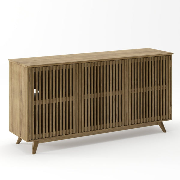 English Elm 58.86" Solid Pine Mid-century Tv Stand with Slatted Push-open Doors and Adjustable Shelf W5819P499978