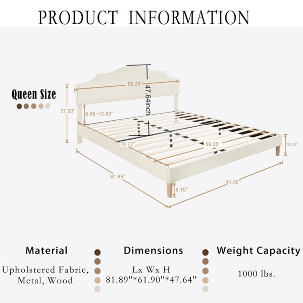 English Elm Queen Platform Bed Linen Upholstered Frame with Adjustable Headboard for Modern Bedroom W5819P522963
