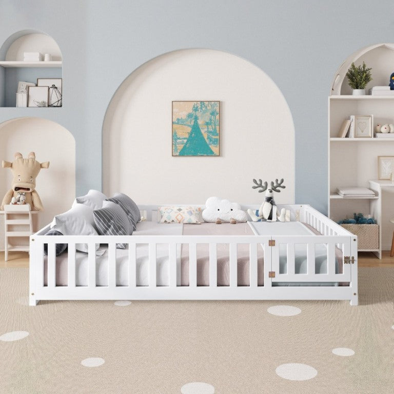 English Elm Full Size Montessori Pine Floor Bed with Fence Enclosure and Door for Toddlers W5819P531160