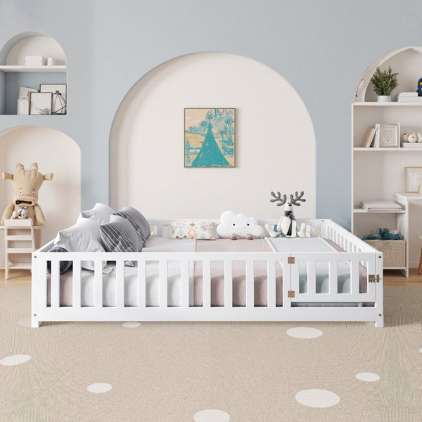 English Elm Full Size Montessori Pine Floor Bed with Fence Enclosure and Door for Toddlers W5819P531160