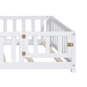 English Elm Full Size Montessori Pine Floor Bed with Fence Enclosure and Door for Toddlers W5819P531160