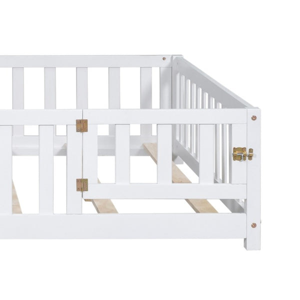 English Elm Full Size Montessori Pine Floor Bed with Fence Enclosure and Door for Toddlers W5819P531160