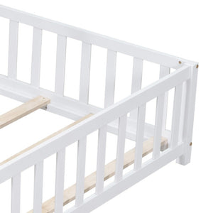 English Elm Full Size Montessori Pine Floor Bed with Fence Enclosure and Door for Toddlers W5819P531160