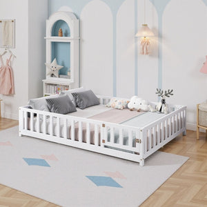 English Elm Full Size Montessori Pine Floor Bed with Fence Enclosure and Door for Toddlers W5819P531160