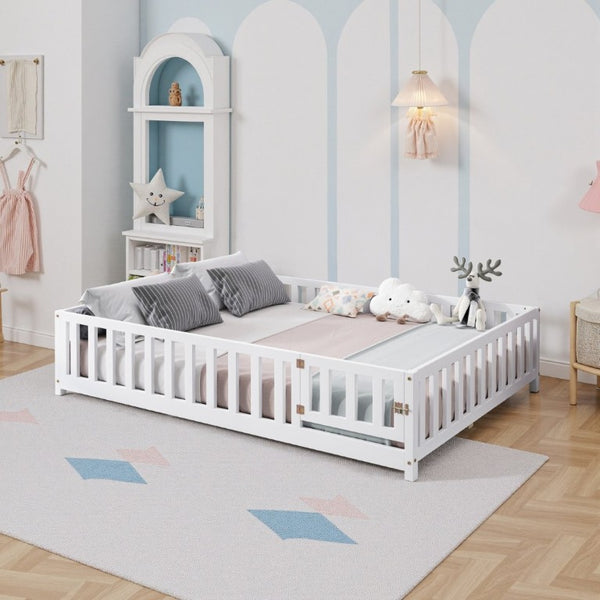 English Elm Full Size Montessori Pine Floor Bed with Fence Enclosure and Door for Toddlers W5819P531160