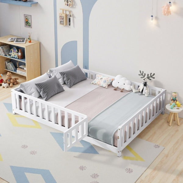 English Elm Full Size Montessori Pine Floor Bed with Fence Enclosure and Door for Toddlers W5819P531160