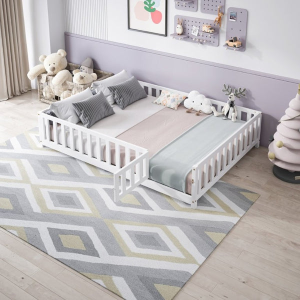 English Elm Full Size Montessori Pine Floor Bed with Fence Enclosure and Door for Toddlers W5819P531160