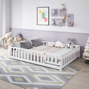English Elm Full Size Montessori Pine Floor Bed with Fence Enclosure and Door for Toddlers W5819P531160