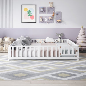 English Elm Full Size Montessori Pine Floor Bed with Fence Enclosure and Door for Toddlers W5819P531160