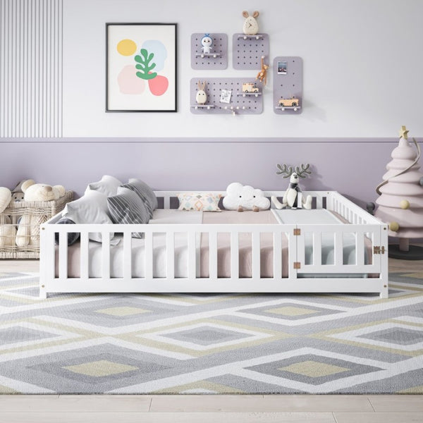 English Elm Full Size Montessori Pine Floor Bed with Fence Enclosure and Door for Toddlers W5819P531160
