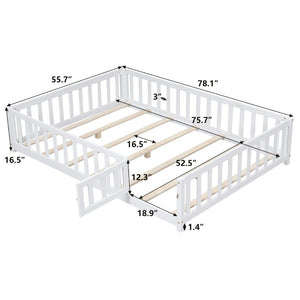 English Elm Full Size Montessori Pine Floor Bed with Fence Enclosure and Door for Toddlers W5819P531160