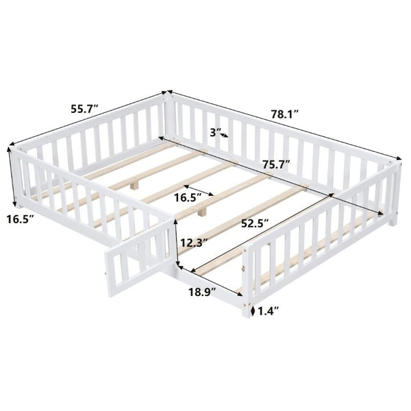 English Elm Full Size Montessori Pine Floor Bed with Fence Enclosure and Door for Toddlers W5819P531160