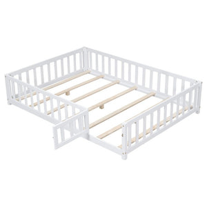 English Elm Full Size Montessori Pine Floor Bed with Fence Enclosure and Door for Toddlers W5819P531160