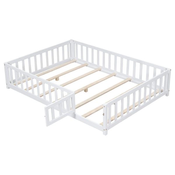 English Elm Full Size Montessori Pine Floor Bed with Fence Enclosure and Door for Toddlers W5819P531160