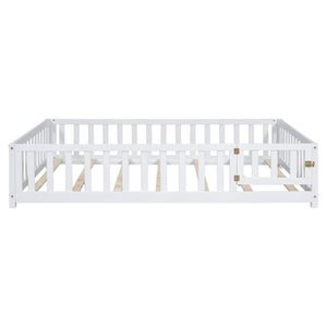 English Elm Full Size Montessori Pine Floor Bed with Fence Enclosure and Door for Toddlers W5819P531160