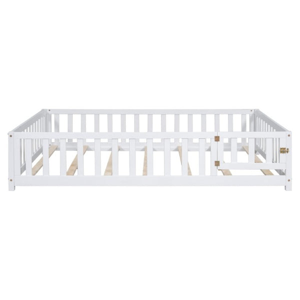 English Elm Full Size Montessori Pine Floor Bed with Fence Enclosure and Door for Toddlers W5819P531160