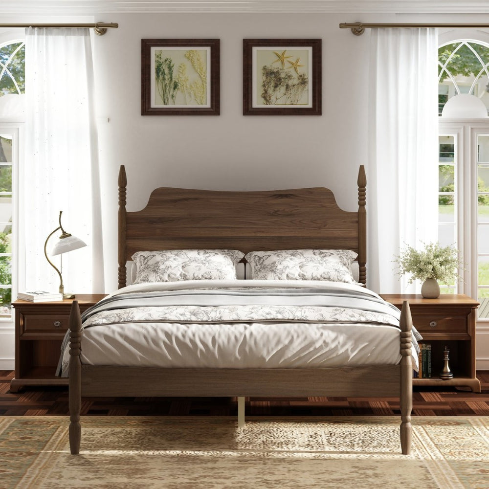 English Elm Queen Spindle Platform Bed Walnut Rubberwood Curved Headboard Bohemian Retro Style W5819S00009