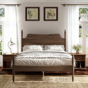 English Elm Queen Spindle Platform Bed Walnut Rubberwood Curved Headboard Bohemian Retro Style W5819S00009