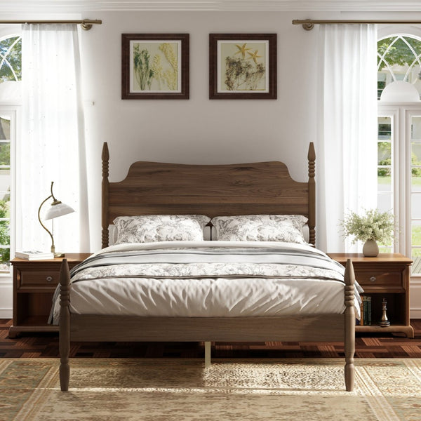 English Elm Queen Spindle Platform Bed Walnut Rubberwood Curved Headboard Bohemian Retro Style W5819S00009