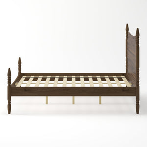 English Elm Queen Spindle Platform Bed Walnut Rubberwood Curved Headboard Bohemian Retro Style W5819S00009