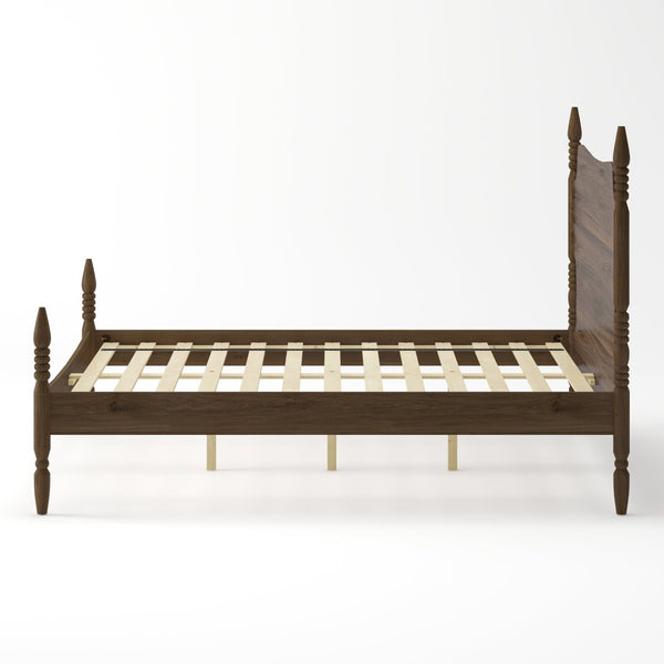 English Elm Queen Spindle Platform Bed Walnut Rubberwood Curved Headboard Bohemian Retro Style W5819S00009