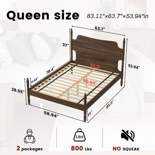 English Elm Queen Spindle Platform Bed Walnut Rubberwood Curved Headboard Bohemian Retro Style W5819S00009