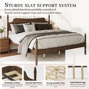 English Elm Queen Spindle Platform Bed Walnut Rubberwood Curved Headboard Bohemian Retro Style W5819S00009