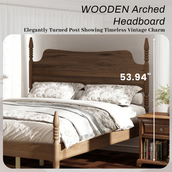 English Elm Queen Spindle Platform Bed Walnut Rubberwood Curved Headboard Bohemian Retro Style W5819S00009