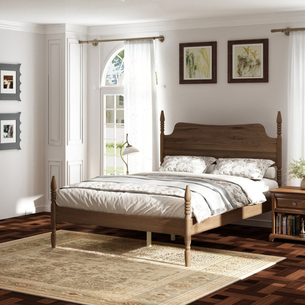 English Elm Queen Spindle Platform Bed Walnut Rubberwood Curved Headboard Bohemian Retro Style W5819S00009