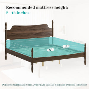 English Elm Queen Spindle Platform Bed Walnut Rubberwood Curved Headboard Bohemian Retro Style W5819S00009
