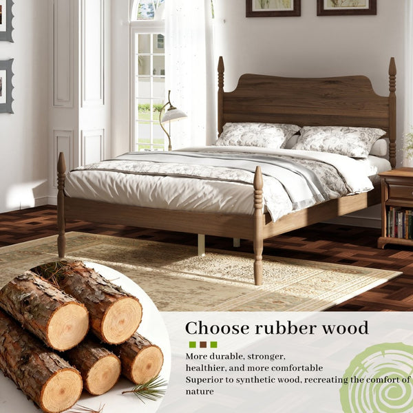 English Elm Queen Spindle Platform Bed Walnut Rubberwood Curved Headboard Bohemian Retro Style W5819S00009