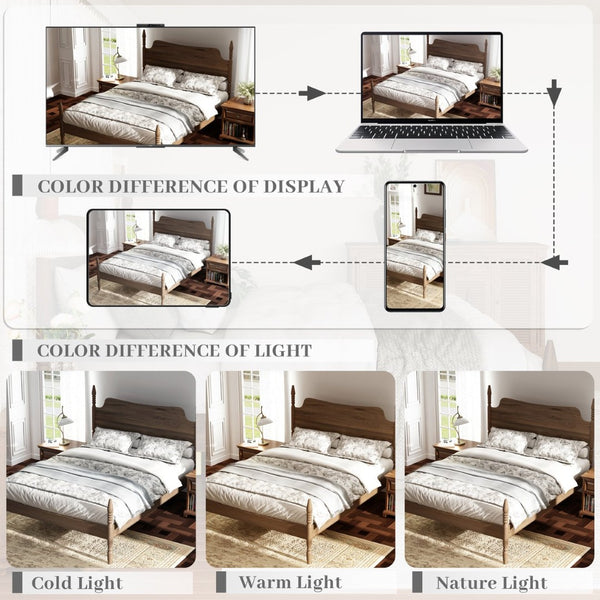 English Elm Queen Spindle Platform Bed Walnut Rubberwood Curved Headboard Bohemian Retro Style W5819S00009