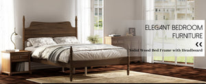 English Elm Queen Spindle Platform Bed Walnut Rubberwood Curved Headboard Bohemian Retro Style W5819S00009