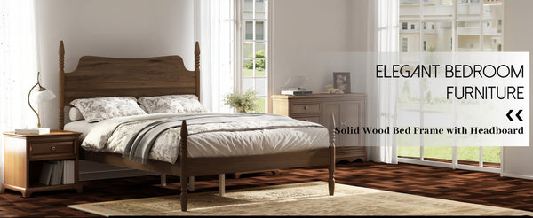 English Elm Queen Spindle Platform Bed Walnut Rubberwood Curved Headboard Bohemian Retro Style W5819S00009