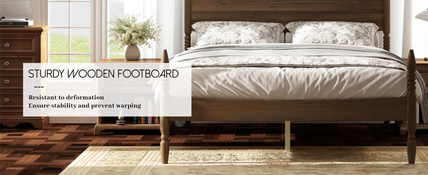 English Elm Queen Spindle Platform Bed Walnut Rubberwood Curved Headboard Bohemian Retro Style W5819S00009