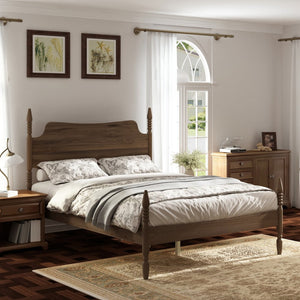 English Elm Queen Spindle Platform Bed Walnut Rubberwood Curved Headboard Bohemian Retro Style W5819S00009