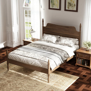 English Elm Queen Spindle Platform Bed Walnut Rubberwood Curved Headboard Bohemian Retro Style W5819S00009
