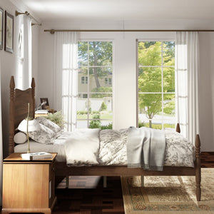 English Elm Queen Spindle Platform Bed Walnut Rubberwood Curved Headboard Bohemian Retro Style W5819S00009