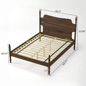 English Elm Queen Spindle Platform Bed Walnut Rubberwood Curved Headboard Bohemian Retro Style W5819S00009