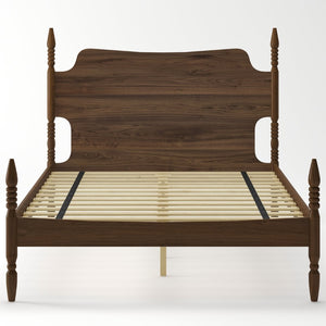 English Elm Queen Spindle Platform Bed Walnut Rubberwood Curved Headboard Bohemian Retro Style W5819S00009