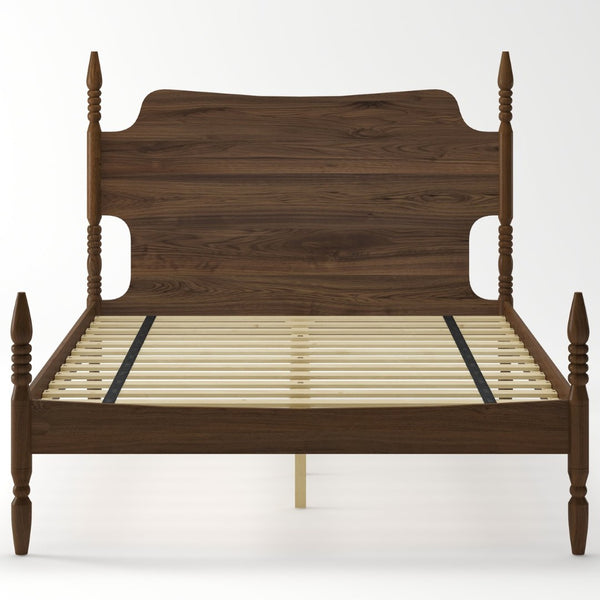 English Elm Queen Spindle Platform Bed Walnut Rubberwood Curved Headboard Bohemian Retro Style W5819S00009