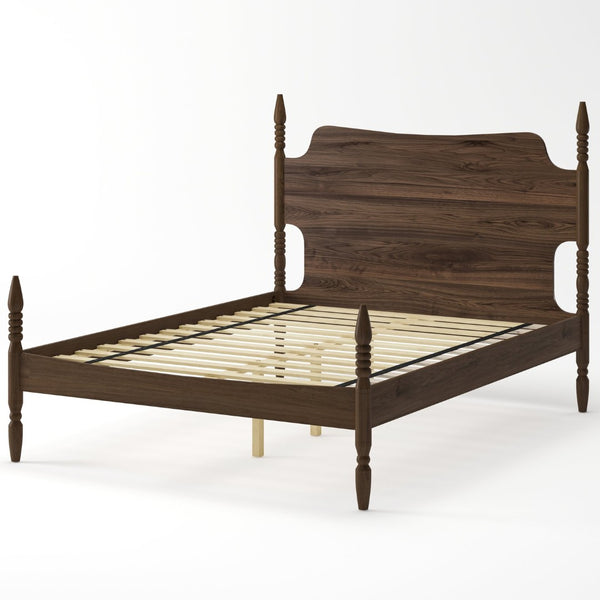 English Elm Queen Spindle Platform Bed Walnut Rubberwood Curved Headboard Bohemian Retro Style W5819S00009