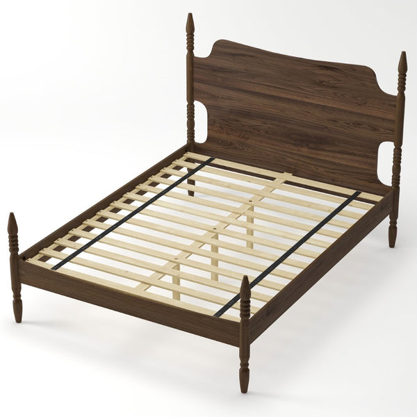 English Elm Queen Spindle Platform Bed Walnut Rubberwood Curved Headboard Bohemian Retro Style W5819S00009