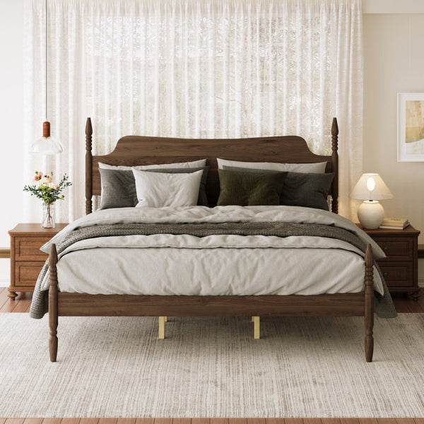 English Elm King Spindle Four Poster Bed Walnut Finish Curved Headboard Rubberwood No Box Spring W5819S00010