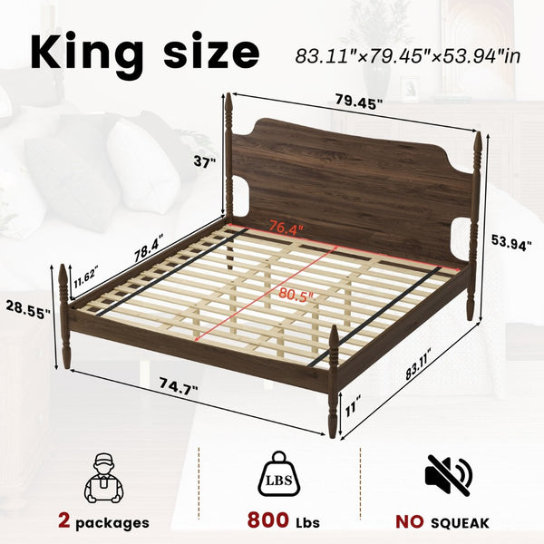 English Elm King Spindle Four Poster Bed Walnut Finish Curved Headboard Rubberwood No Box Spring W5819S00010