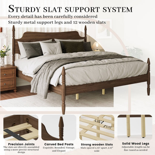 English Elm King Spindle Four Poster Bed Walnut Finish Curved Headboard Rubberwood No Box Spring W5819S00010