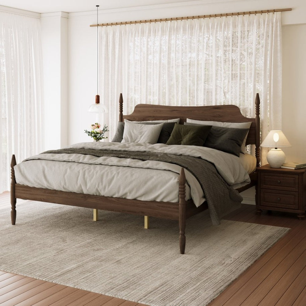 English Elm King Spindle Four Poster Bed Walnut Finish Curved Headboard Rubberwood No Box Spring W5819S00010